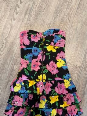 Strapless Floral Ruffle Dress - Black with Pink, Yellow & Blue Flowers